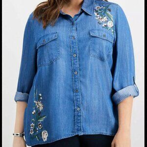 STYLE and Co Womens Embroidered Floral Print Button-Down Denim Top, Size Ox
